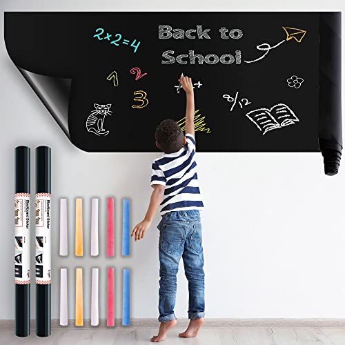 Stickers Tableau Noir Ardoise Mural - Tableau Noir Autocollant Repositionnable - 60cm X 310cm X 2rouleau 10 Craies Ardoise Craie - Ezigoo