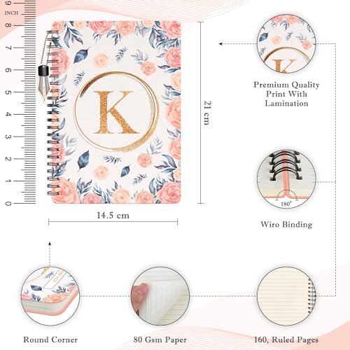 Image of Jhingalala Diaries - A5 Hardbound Floral Design Diary Cover With Initial Letter Wiro Notebook Diary With Dangler I Spiral Notebook With Planner and Calendar 2024 I 160 Undated Ruled Pages (Initial K)