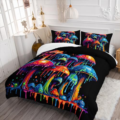 Image of AILONEN 3D Oil Painting Mushroom Comforter Set Queen Size - 3 Pieces With Quilt and 2 Pillowcases for Boys Girls Room Decor, Cartoon Bedding Set