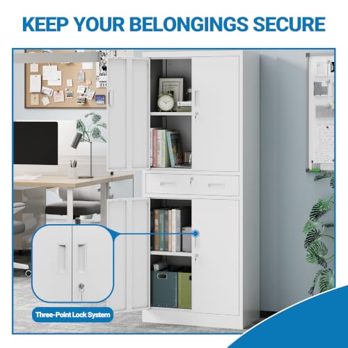 Image of Metal Storage Cabinet with Lock Door, Adjustable Shelves, 1 Drawer