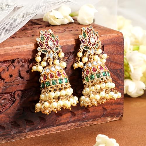 Image of Rubans Jhumka Earrings Kundan and Pearl Traditional Festive Jewellery Gift for Women & Girls