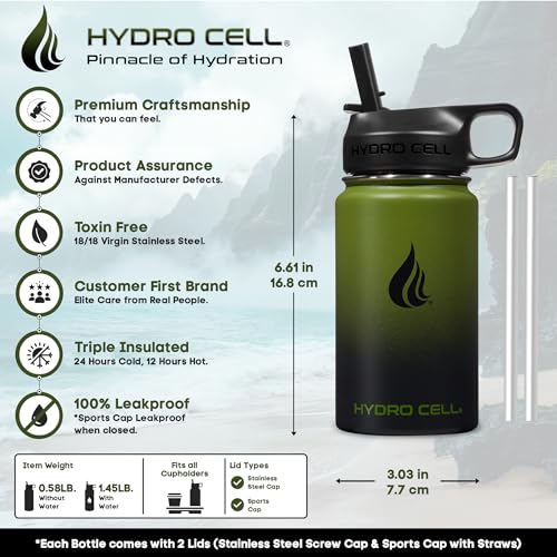 Image of HYDRO CELL Stainless Steel Insulated Water Bottle with Straw - For Cold & Hot Drinks - Metal Vacuum Flask with Screw Cap and Modern Leakproof Sport Thermos for Adults (Army /Black 14oz)