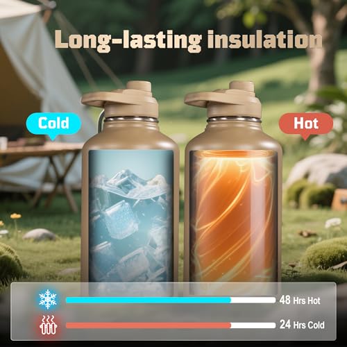 Image of ONETIGRIS Tactical Half Gallon Water Bottle with Straw - 64 oz Vacuum Insulated Stainless Steel Water Jug, Leakproof Sport Bottle with 3 BPA Free Lids, Paracord Handle & MOLLE Water Pouch for Outdoor