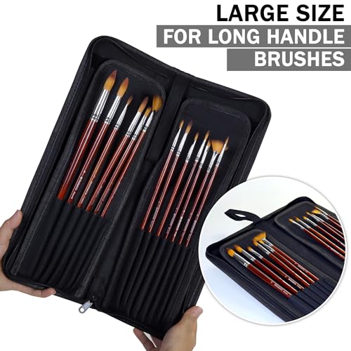 Image of DUGATO Long Brush Holder & Organizer, Canvas Case 5.7 x 14.8 in, Black | 15 Slots Zipper Paint Brush Case for Brushes up to 13 in Length, Artist Long Handle Brush Art Case (Brush Not Included)