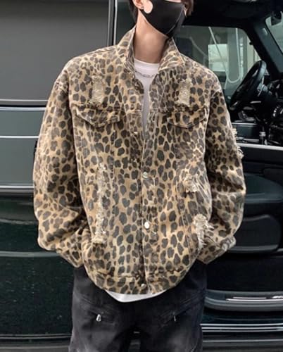 Mens Teen Boys Leopard Printed Jean Jacket Distressed Ripped Long Sleeve Cowboy Denim Jacket Coats Fall Outwear4