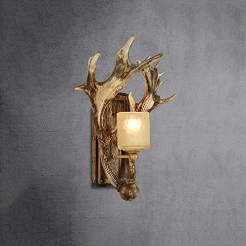 OMGPFR Geweih Wandlampe, Harz Wandleuchten Innen Nachttischlampe Lampenschirm aus Glas Schatten Wandlampen Industrie E27 Wandbeleuchtung für Schlafzimmer Pastoral Rustikal Gang Wandleuchte,B Cover
