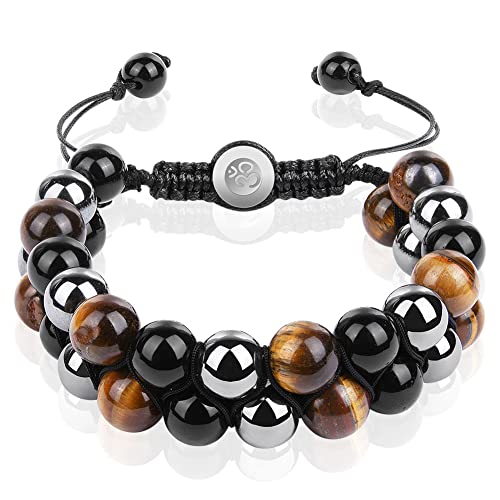 AUAUY Pulsera de Ojo de Tigre de Triple Protección, Pulsera de Ojo de Tigre y Obsidiana y Hematita, Pulsera de Piedras Naturales, Hombres Yoga Regalo para Hombres para la Buena Suerte y la Rosperidad Cover