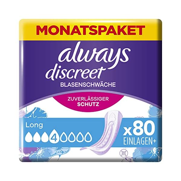 Always Discreet Inkontinenzeinlagen Long, 80 Binden (4 x 20 Stück) Monatspaket, diskreter Schutz & hohe Saugstärke…