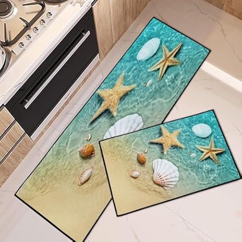 Tayney Starfish and Seashell Kitchen Rugs and Mats Non Skid Washable Set of 2, Beach Kitchen Mats for Floor, Shell Star Sand Kitchen Runner Rug, Summer Kitchen Decor Cover
