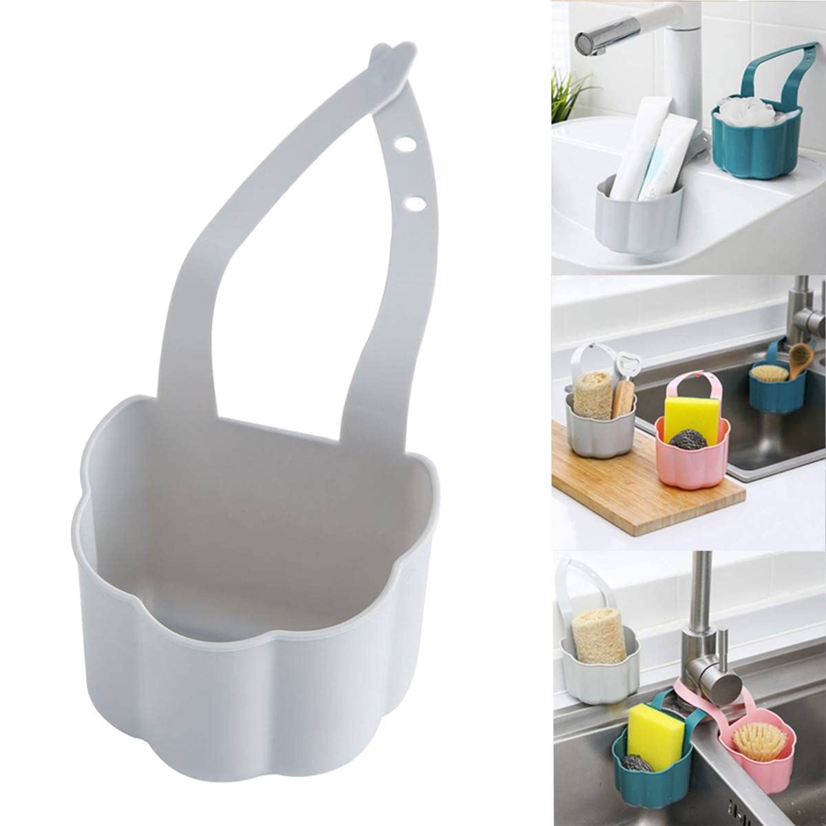 Kitchen Sink Caddy Sponge Holder Silicone Drain Basket for Brush Sponge and Soap Sink Hanging Sponge Holder with Adjustable Strap for Kitchen Sink (Grey)