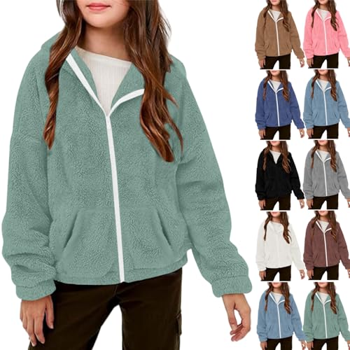 Girls Fleece Jacket with Pocket Youth Long Sleeve Hooded Sherpa Zip up Hoodie Fall Fashion Outwear Cute Kids Clothes