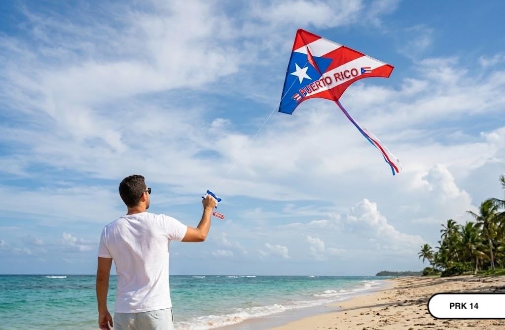 Cerf-volant drapeau de Porto Rico – Boricua rouge blanc bleu Delta cerf-volant avec longue queue | Design drapeau volant extérieur pour adultes | Fierté portoricaine plage et parc Boricua