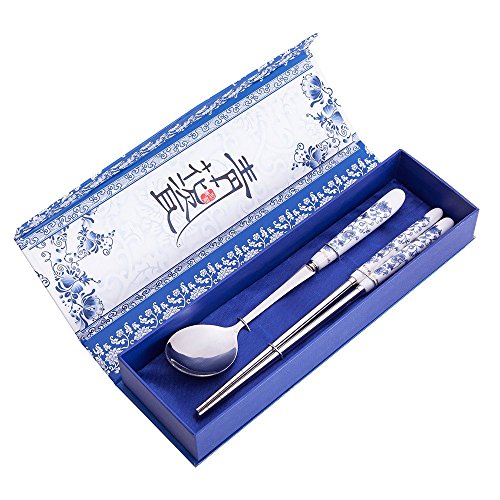2 Pcs Elegant Oriental Inspiration Silver Stainless Steel Chopsticks & Spoon Set In Gift Box