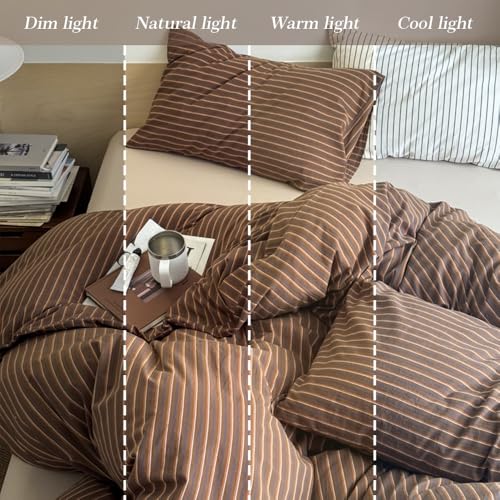 Image of Duvet Cover Set Twin Size Brown Striped Bedding Set for Girls Boys,Modern Back to School Duvet Cover Kids with Zipper Closure and 1 Pillowcase