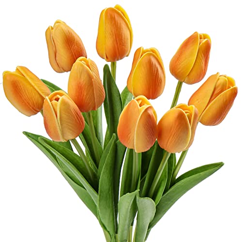 Hollyone Lot de 10 Tulipes artificielles Oranges artificielles réalistes pour décoration d'intérieur, Mariage, Artisanat, Jardin, Tombe, fête, Cuisine,...