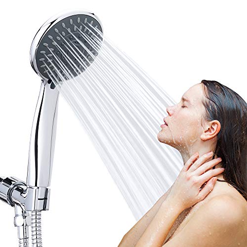 Handheld Shower Head High Pressure 5 Spray Settings Detachable Hand Held Showerhead Chrome Face with Hose and Bracket, Simple Tool-free Installation