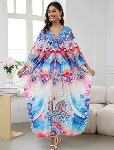 Image of KECVOT Kaftan Dresses for Women Plus Size Batwing Sleeve Caftans Long Bathing Suit Cover Up Maxi Beach Dress Loungewear