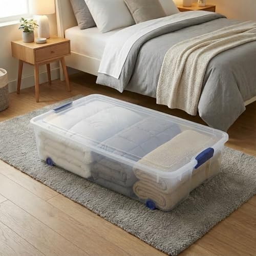 66-Quart-Clear-Underbed-Storage-Bin-with-Wheels-Latching-Lid-Low-Profile-Plastic-Storage-Container-for-Clothes-Shoes-Bedding-Wrapping-Paper-Organizer-Slim-Rolling-Under-Bed-Storage-Box