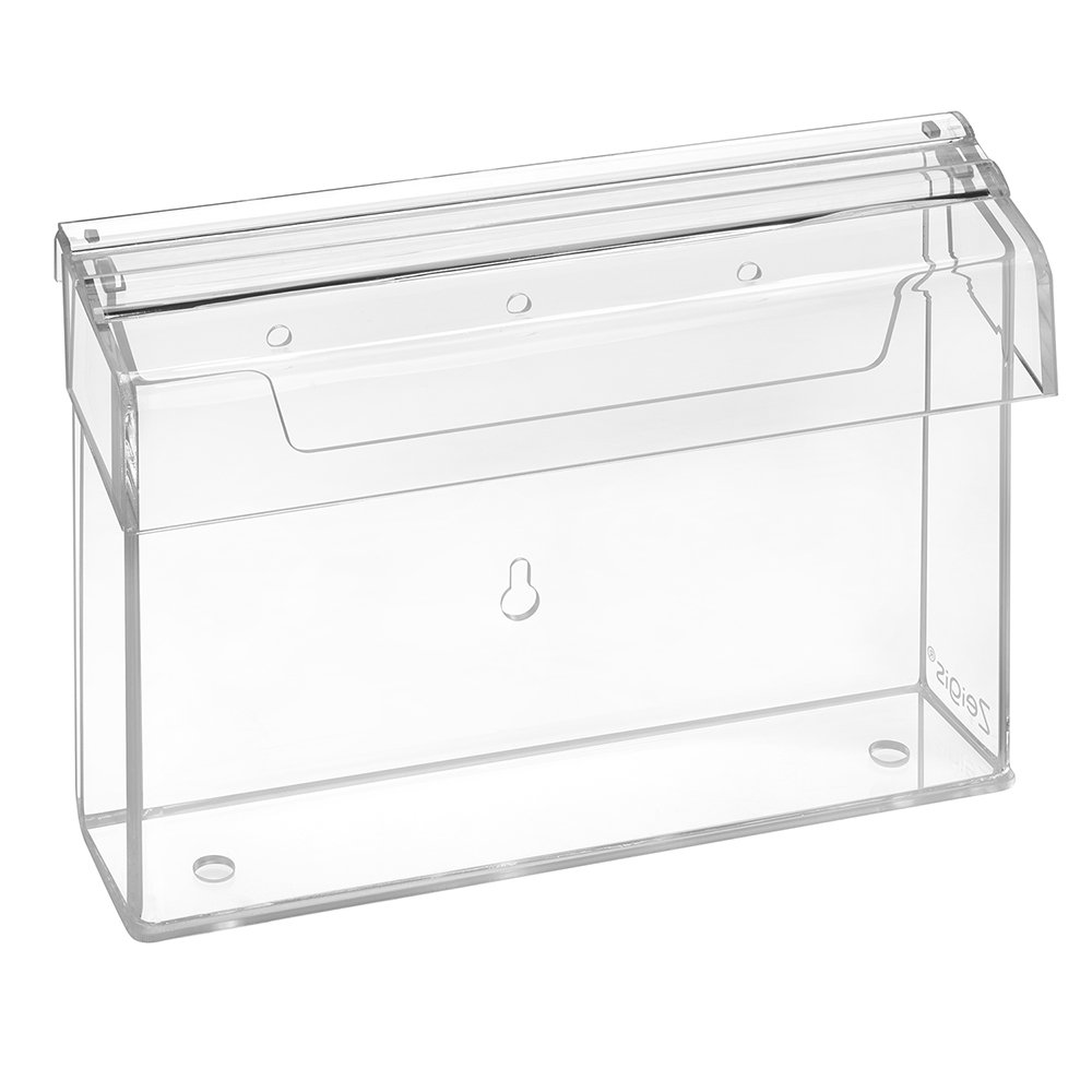 Zeigis DIN A5 Prospektbox/Prospekthalter/Flyerhalter im Querformat, wetterfest, für Außen, mit Deckel, aus glasklarem Acrylglas