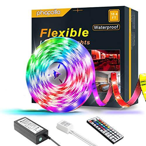 PHOPOLLO LED Strip Lights, 16.4ft RGB Color Changing 5050 150LEDs Waterproof Flexible LED