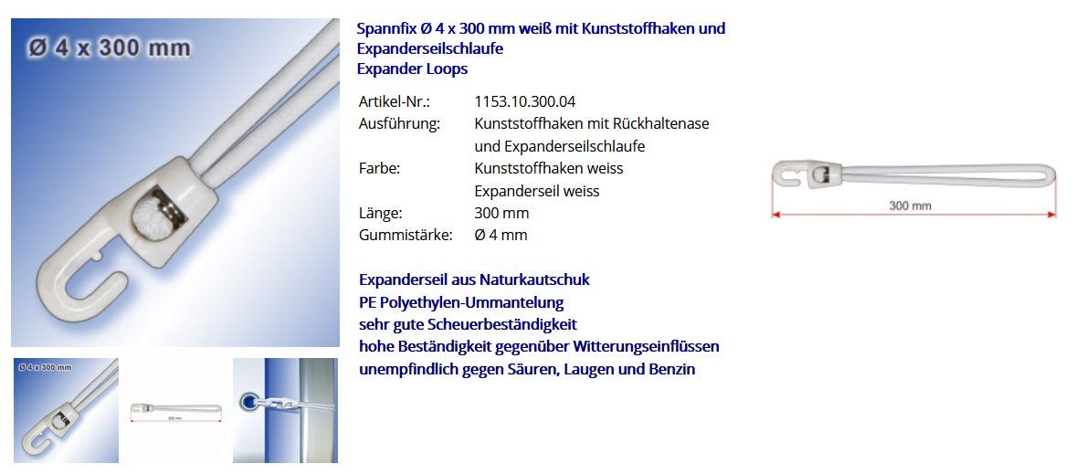 Spannfix Ø 4 x 300 mm weiß mit Kunststoffhaken und Expanderseilschlaufe 50 Stück