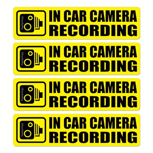 Image of (Pack of 4) in-Car Camera Recording Sticker - Dash Cam on Board Video Security Label, Baby, Passenger, and Driver Safety, Deter Car Break-Ins Window Bumper Weatherproof Decal (Yellow)