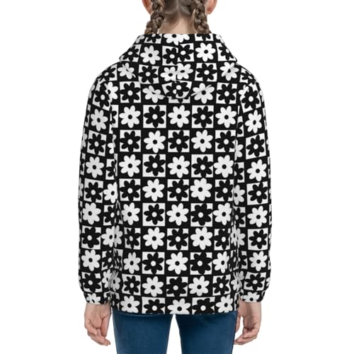 Black and White Checkered Flower Kids Pullover Hoodies Boys Sweatshirts Girls Athletic Clothes with Pocket4
