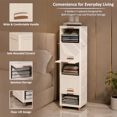 Image of 5 Tier Wardrobe Organizer | Foldable Organizer for Clothes | Stackable Cabinet & Almirah for Living Room | Kid Wardrobe for Cloth&Toys | Versatile Plastic Cupboard For Storage Organizer (Ivory)