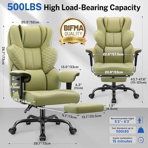 Image of FelixKing Big and Tall Office Chair 500lbs - Ergonomic Desk Chair with Footrest, Scratch-Resistant PU Leather Computer Chair, 4D Lumbar Support Gaming Chair, Comfy Reclining Swivel Work Chair, Green