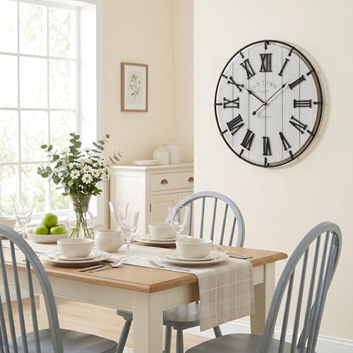 Image of EMAX HOME Large 20 Inch Farmhouse Wall Clock, Distressed White Wood Grain Dial with Heavy Duty Black Metal Frame, Silent Non-Ticking Sweep Movement for Living Room, Bedroom, Kitchen or Entryway