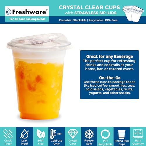 Image of Freshware Clear Plastic Cups with Strawless Sip Lids [100 Cups - 12 oz] Disposable Cup for Iced Coffee, Smoothie, Milkshake, Cold Drinks