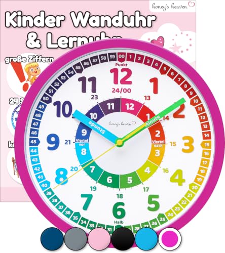Honeys Heaven Wanduhr - Lernuhr zum Lernen der Uhrzeit (Pink/Magenta)