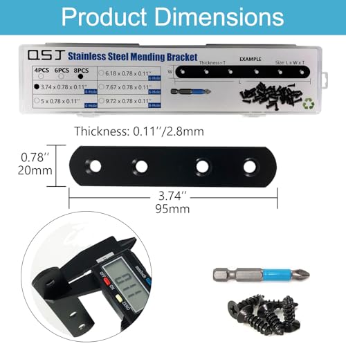 Image of 8 Pcs Black Straight Mending Plate Bracket Brace Stainless Steel Straight Brackets 95mm / 3.74 inch Wood Brace with Screws and Screwdriver