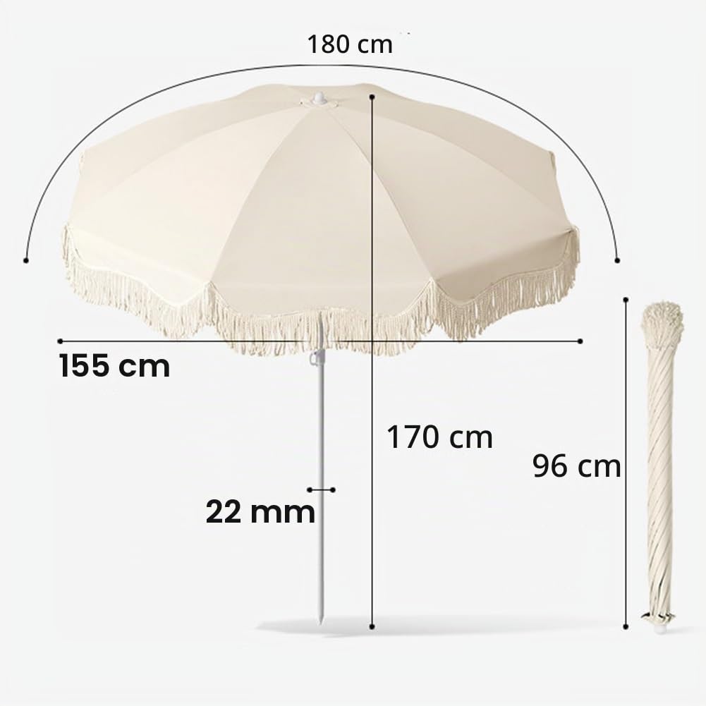 Sombrilla de Patio Boho de 180 cm con Flecos, Sombrilla de Playa Portátil para Mesa, Jardín la Piscina,Impermeable y con Protección UV