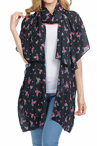 Image of BASICO Women's Floral Print Kimono Cardigan Loose Open Front Lightweight Summer Tops (One Size, Cardigan # Black)