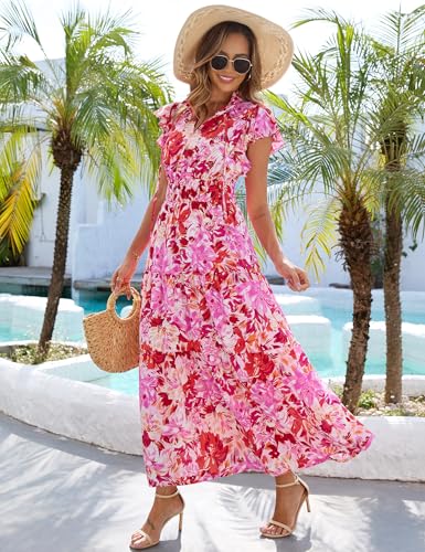 Kranda 2025 Women Summer Fall Self-tie V Neck High Waist Ruffle Cap Sleeve Flowy Tiered Long Floral Maxi Dress with Pockets2