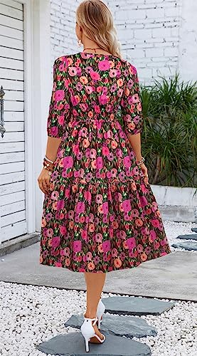 Image of Kormei Women Casual Boho Floral Round Neck 3 /4 Sleeve Smocked Waist Tiered A Line Flowy Swing Midi Dress Long Dresses