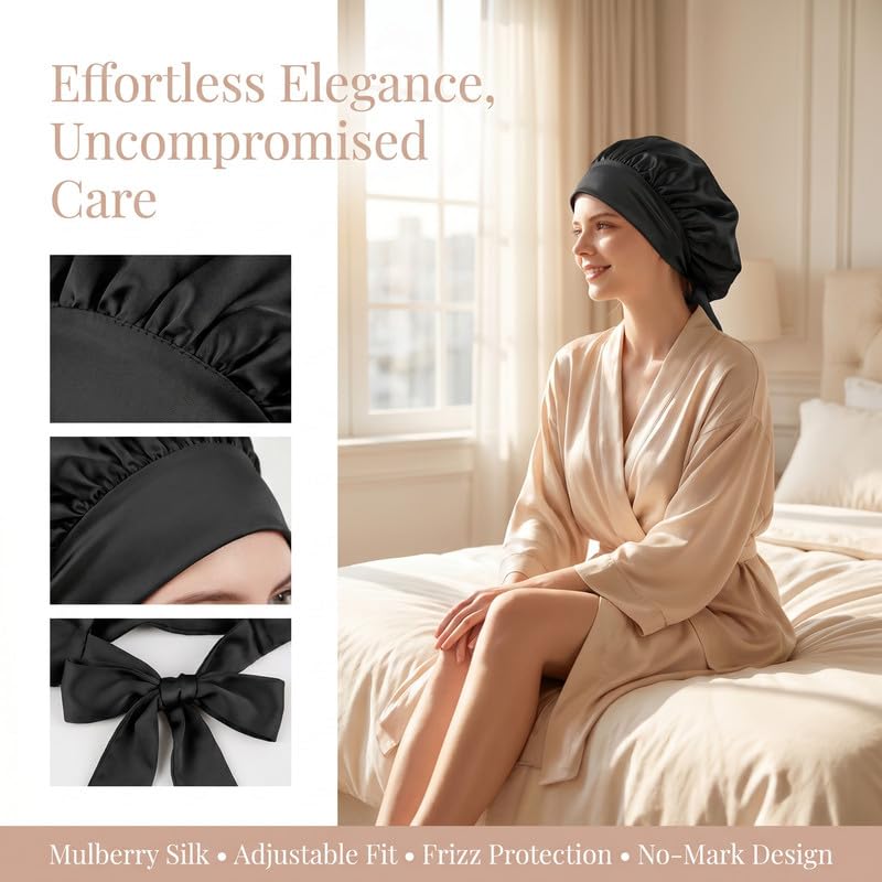 100% Mulberry Silk Bonnet for Sleeping Women, Double-Layer Sleep Cap with Tie Band, Sleep Cap for Hair Care Black