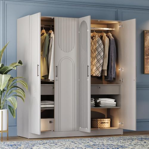 Image of Wakefit Wardrobe for Bedroom | 3 Yr Warranty | Cupboard for Bedroom, Almirah, Wooden Wardrobe, Comes with LED light, Storage Drawer, Mirror & Hanger, Density:680-750kg /m, Free Installation(Tyrian-LG)