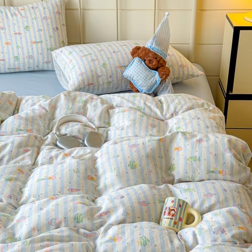 Image of VM VOUGEMARKET Cute Fish Duvet Cover Set Queen,Blue Striped