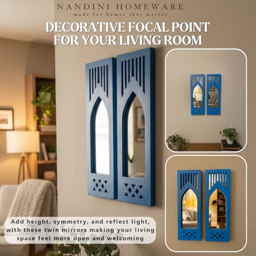 Image of Nandini Handcrafted Traditional Set of 2 MDF Wooden Mirror Jharokha Wall Art | Blue Modern Boho Style Decorative Mirror Wall Hangings (Blue Modern Set of 2)