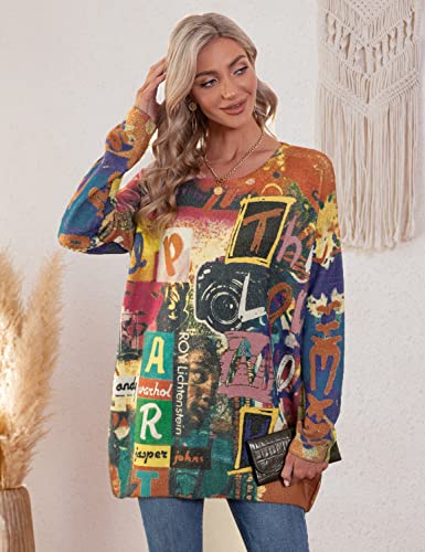 Image of YESNO Women Christmas Sweater Graphic Printed Oversized Pullover Sweaters Casual Loose Knit Tops S01