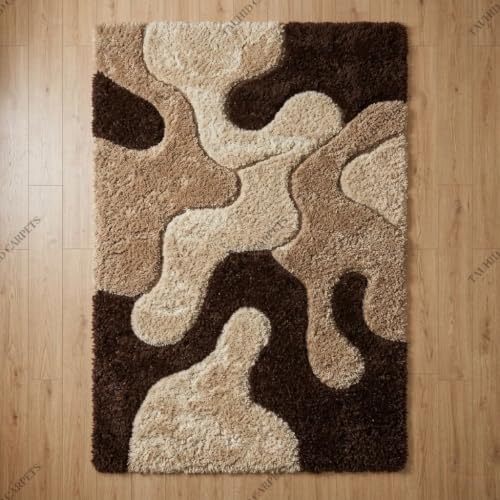 Image of Tauhid Carpet Super Soft Microfiber Shaggy Area Rug Modern Abstract Beige Brown & Cream Plush Carpet | Fluffy Floor Rug for Living Room, Bedroom 4x6 Feet.