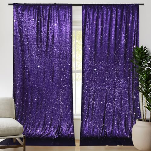 Image of PartyDelight Purple Sequin Backdrop Curtains 5x10ft 2 Sparkly Panels | 4 Inch Rod Pocket and stitched 3mm sequins support split hanging for prom and quinceanera celebrations