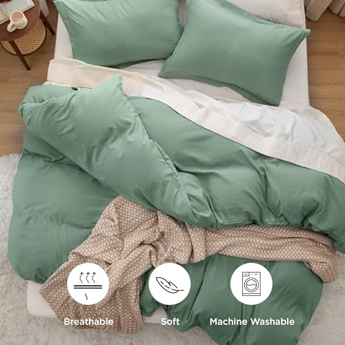 Image of Bedsure Sage Green Duvet Cover Queen Size Only - Prewashed Cotton-Like Polyester Extra Soft All Season Bedding, Includes 1 Duvet Cover 90x90 Inches with Zipper Closure, Comforter Not Included