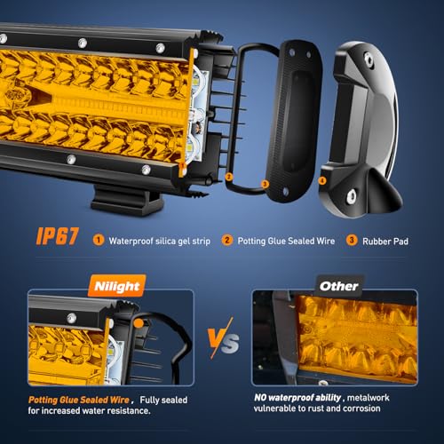 Image of Nilight Led Light Bar 12 Inch Amber 300W Spot Flood Combo Waterproof Triple Rows Off Road Fog Light with 5Pin Rocker Switch Wiring Harness Kit-1 Lead