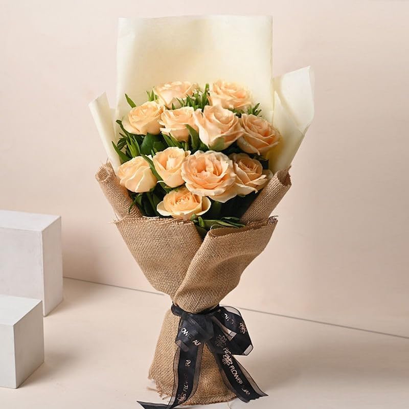 FlowerAura Fresh Live Flower Bouquet of 10 Peach Rose With Happy Birthday Pop-Up Card Perfect Birthday Gift For Girlfriend, Boyfriend, Colleagues, Husband, Wife, Siblings & Parents (Same Day Delivery)
