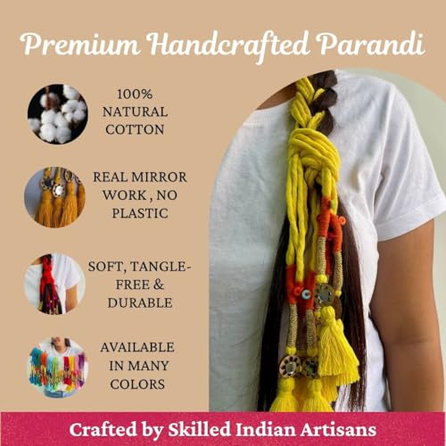 Image of Zippy Flora Neelima Parandi (Yellow) | Traditional Boho Handmade Paranda Hair Accessory with Braid Tassels | Women's Ethnic Hair Extension for Choti, Braids & Patiala Shahi Hairstyles