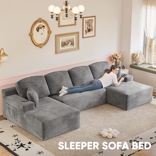 Image of Homall 142 inch Boneless Couch, Modular Sectional Sofa, No Assembly Required, Memory Foam Filling, Corduroy U-Shaped Sofa, Movable Multi-Person Couch for Living Room (Grey)