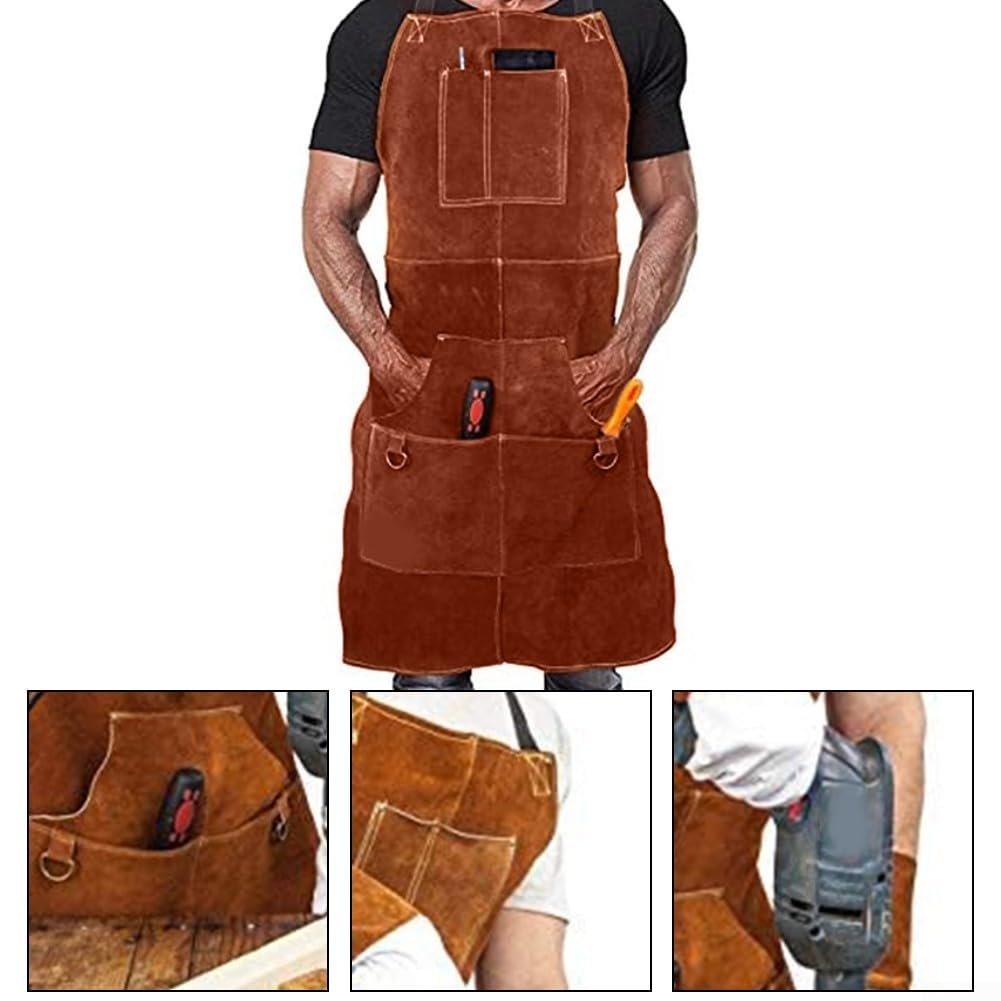 Tablier de soudeur en cuir de vache robuste avec 6 poches pour homme résistant à la chaleur et aux flammes, protection d'atelier, rangement d'outils de forgeron, marron